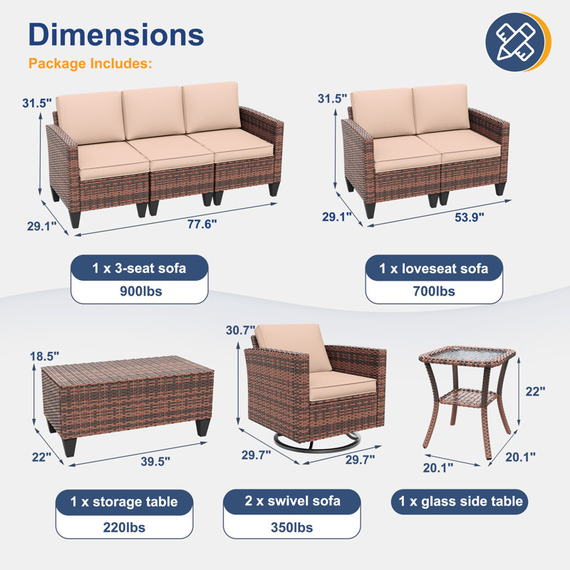 Kisner 7 - Person Outdoor Wicker Sofa Seating Group With Cushions And Table, Beige