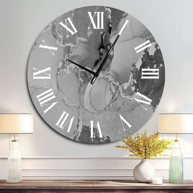 Horloge murale moderne de luxe avec art abstrait I, Surdimensionné, Gris / Blanc