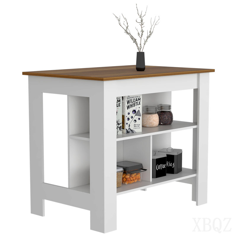 Îlot de cuisine, quatre pieds, trois tablettes - blanc / noyer