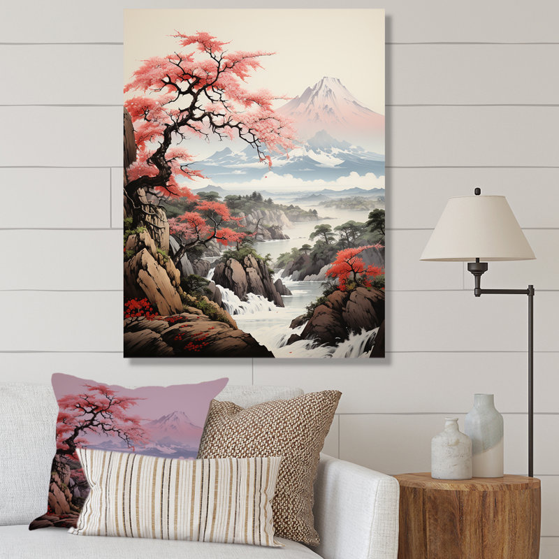 Rose, montagne du Japon, printemps, fleurs de cerisier V - Japon, art mural, Toile tendue, H 32 po x l 16 po