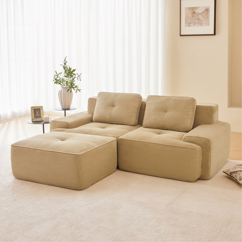 Canapé modulaire en L de 82 po pour salon modulaire en tissu de velours côtelé de 82 po avec siège profond et repose-pieds mobile, passepoil perlé, conception sans assemblage, conception antidérapante