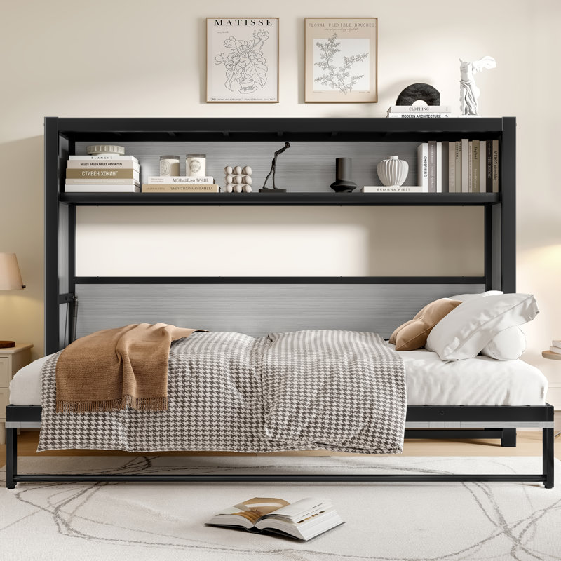 Lit escamotable simple avec tablettes, lit mural en métal au design pliable et peu encombrant, gris, Gris / Noir
