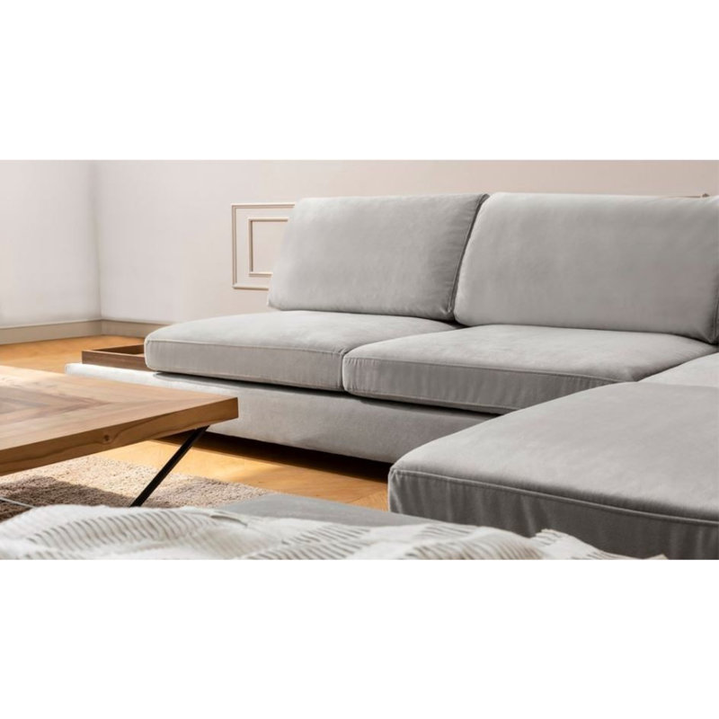 Elegant Corner Sofa with Pouf, Light Grey, 123.2 x 76.0 x 31.5 inches | Beech Wood & Chipboard Frame, 100% Polyester Fabric, Soft Foam Cushioning | Includes 2 Pillows, Walnut Legs | Perfect for Scandinavian Style Living Rooms