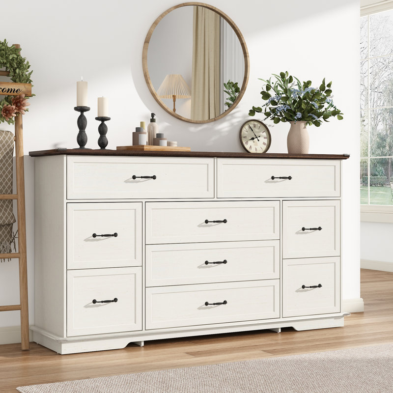Dumitriana 63" Farmhouse Wood Dresser With 9 Drawers & Power Charging Station, Rustic Chest Of Drawers Tv Stand For Bedroom, Living Room, Or Entryway