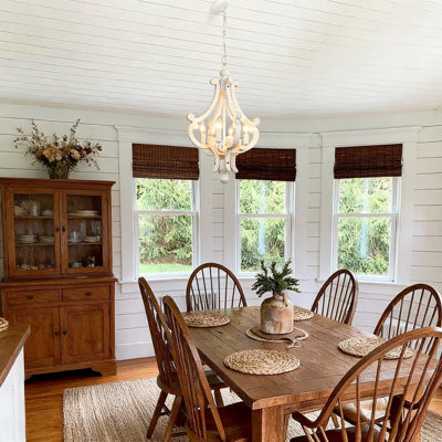 Rustic Farmhouse Chandelier With Adjustable Height, 4-Light Vintage White Wood And Iron Orb Pendant Light Fixture For Dining Room Kitchen Living Room Foyer Entryway