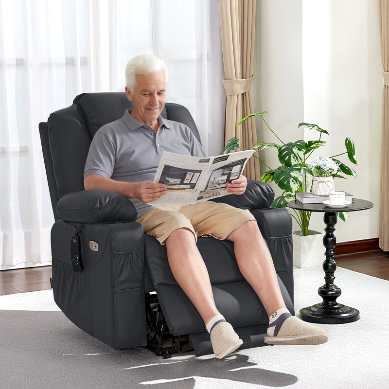 Courtois Medium Power Recliner Lift Chair with Massage and Heat, Faux Leather, Black