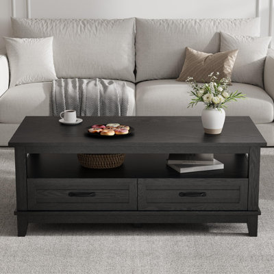 Farmhouse Coffee Table with 2 Drawers & Open Shelf - 47 Inch Rustic Rectangle Center Table - 6 Sturdy Legs
