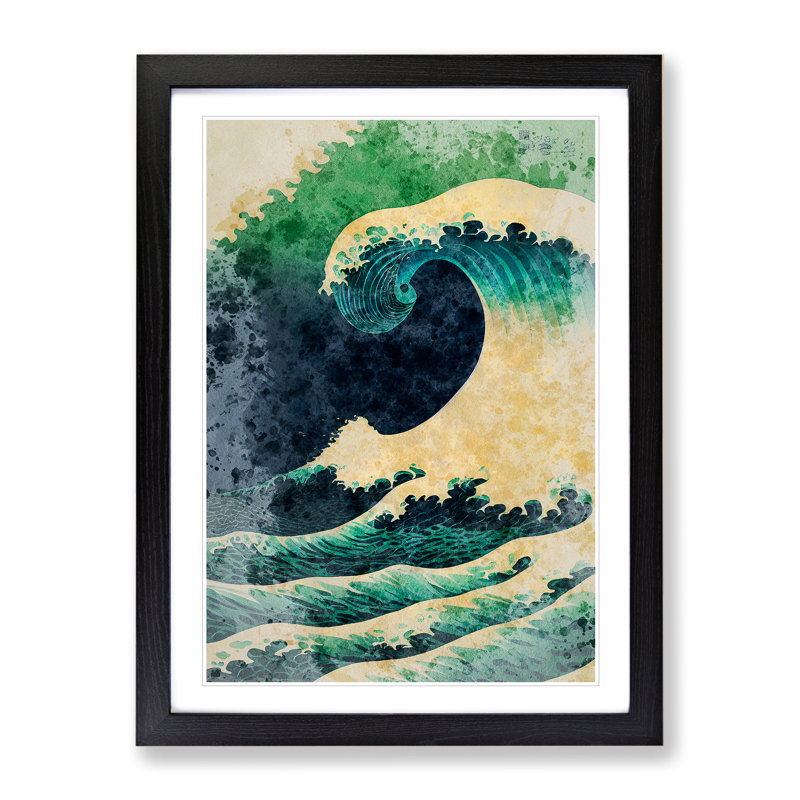 Watercolour Japanese Wave No.5 - Wall Art, Black Framed, White, 64cm H x 46cm W