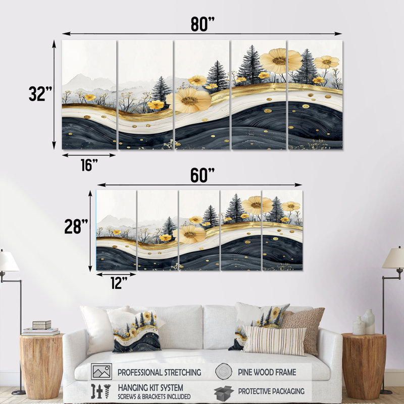 Fleurs dorées dorées, rivière de cristal, paysage III - art mural fleurs sauvages - décoration murale traditionnelle 5 pièces