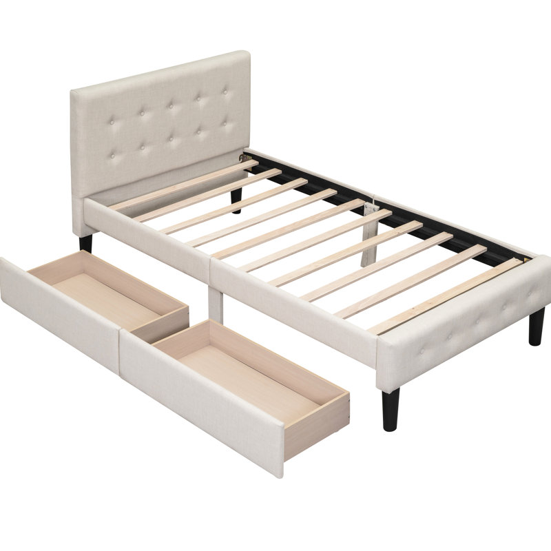 Lit plateforme simple tapissier à 2 tiroirs beige - Style ferme et avant-gardiste avec 2 tiroirs