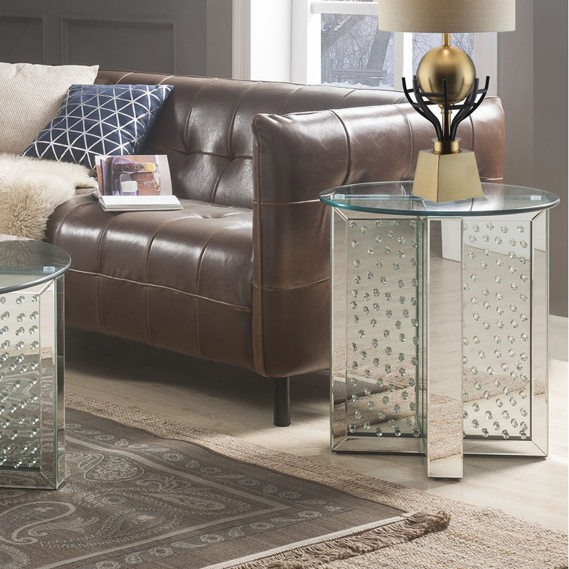Tulasi Glam 21"Dia Round Mirrored End Table with Faux Crystals Inlay