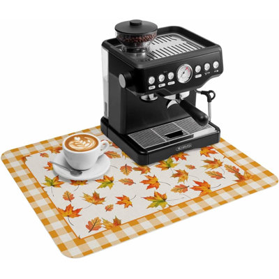 Tapis de cuisine à carreaux orange, motif de feuilles d'érable d'automne, sans couture, aquarelle, absorbant et antidérapant. Accessoires pour le bar à café. Tapis d'égouttage pour le comptoir de la cuisine. Dimensions : 40,6 x 61 cm (16 x 24 pouces).