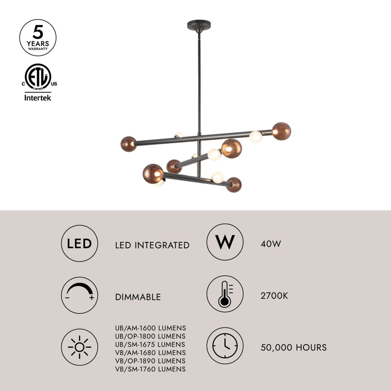 Reese 48-in Urban Bronze Dimmable LED Chandelier with Amber Glass, Urban Bronze/Amber Glass