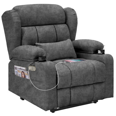 Fauteuil inclinable électrique à bascule, mouvement de bascule réglable sur 3 niveaux, massage en 8 points et chauffage lombaire, accoudoirs avec rangement, poches latérales, ports de chargement USB et Type-C