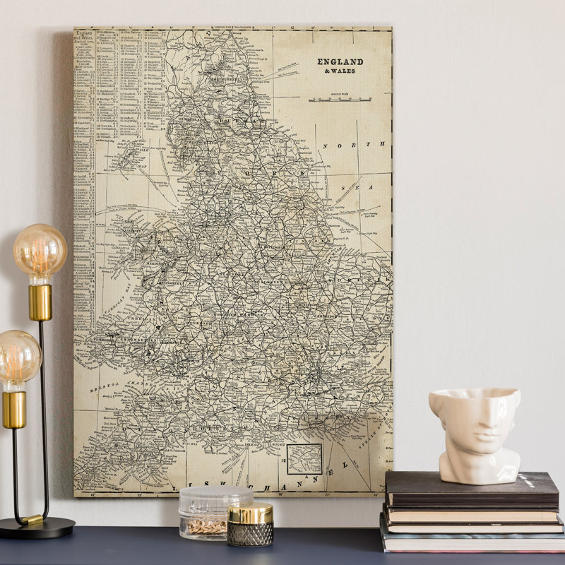 Carte antique de l'Angleterre - reproduction sur toile, H 20 po x l 16 po x P 1 po