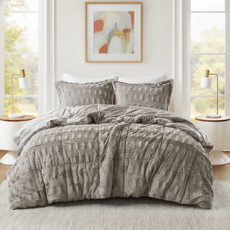 Édredon en fausse fourrure unie double / grand gris avec 2 taies décoratives, Gris
