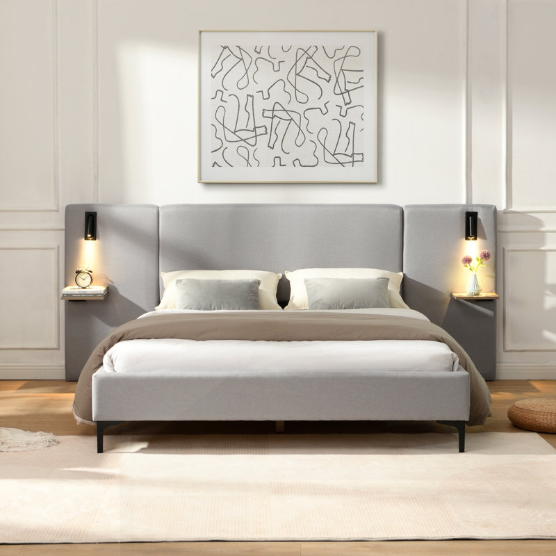 Lit tapissier en lin avec lumières et tablettes intégrées, Grand lit