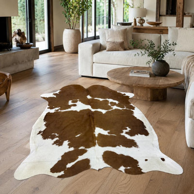 Genuine Brown and White Cowhide Rug 6.5x7.7ft - Real Hair On Cow Hide Rug - Warm Honey Brown Spotted Cowhide