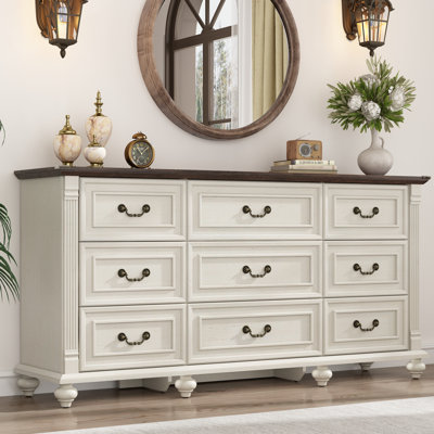 63" Farmhouse 9 Drawer Wood Dresser For Bedroom With 6 Solid Wood Feet And Roman Column Decor by Charlton Home