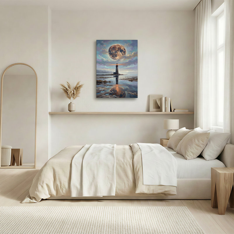 Phare sous une lune géante sur fond d'eau réfléchissante - Tableau mural sur toile, 36"H x 24"W