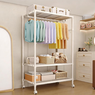 Heavy Duty Rolling Clothes Rack, 3-Tier Adjustable Garment Racks with Rods and Side Hooks, Freestanding Storage Closet Clothing Rack with Wheels for Bedroom Laundry Room Organization, White
