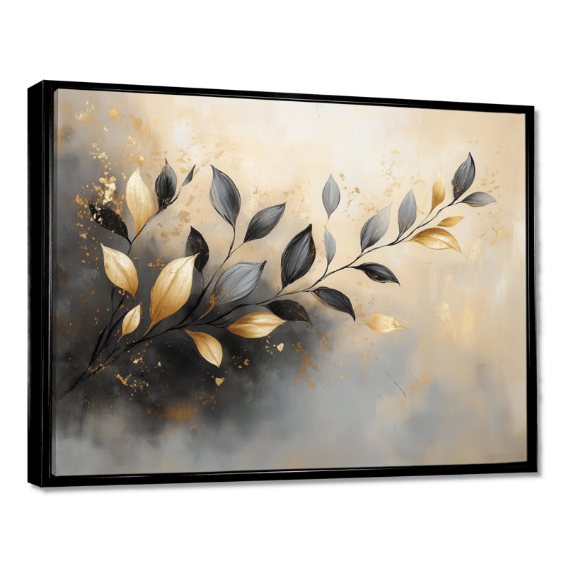 Branche de murmure doré - Tableau botanique encadré sur toile, H 12 po x l 20 po, Cadre flottant noir