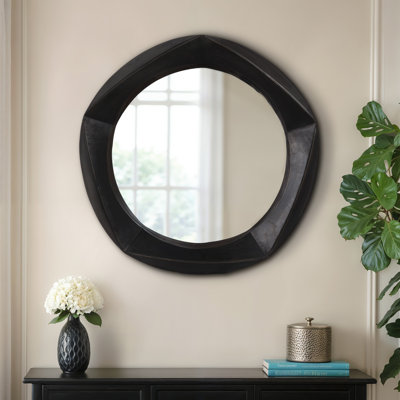 Miroir bois verre métal dimensionnel cadre géométrique moderne décoration murale ronde pour le bureau à domicile salon chambre - 35 po noir
