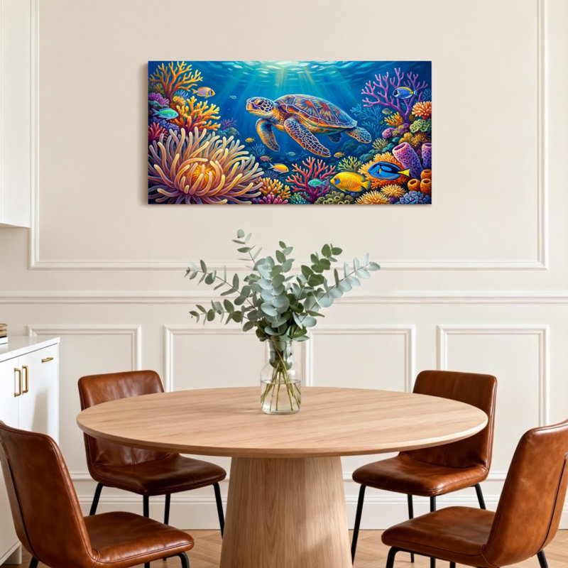 Animaux, tortue de mer, récif de corail, poissons, scène sous-marine, H 16 po x l 32 po