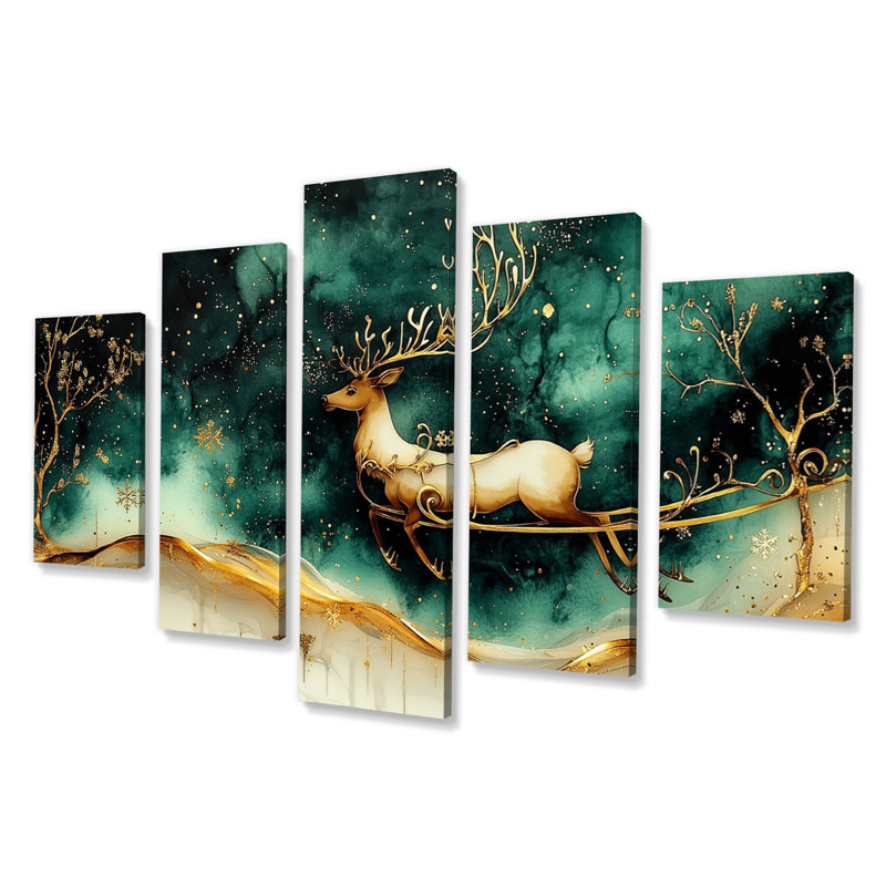 «Christmas Reindeer Sleigh Ride Fun II - Christmas Santa Deer», ensemble d'art mural sur toile