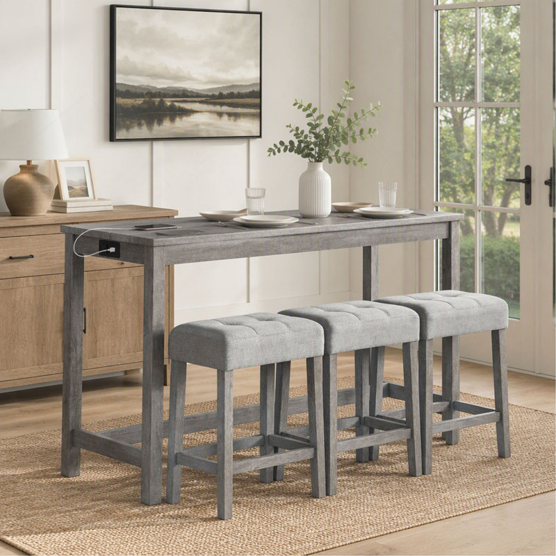 Ensemble de table de bar 4 pièces avec prise électrique, ensemble table et chaises de style industriel pour salon, salle à manger et salle de jeux