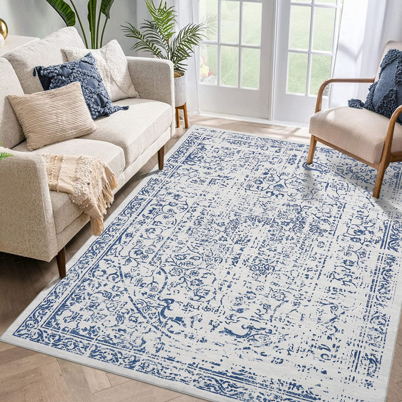 9x12 Washable Area Rugs for Living Room Vintage Distressed Carpet Stain Resistant Non-Slip Pet Child Friendly Retro Floral Accent Throw Rug for Office Bedroom Nursery, Blue