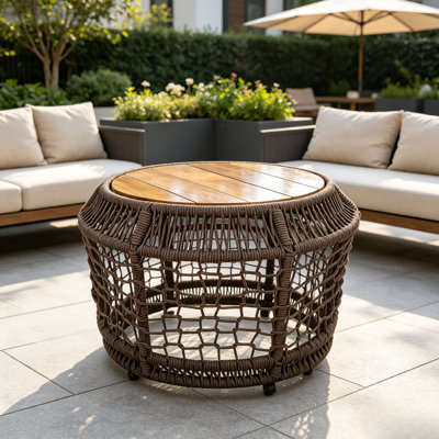 Table d'appoint ronde en bois d'acacia avec structure en corde tissée grise, plateau en teck, capacité de 150 lb, aucun assemblage requis, table d'appoint résistante aux intempéries pour le salon de patio