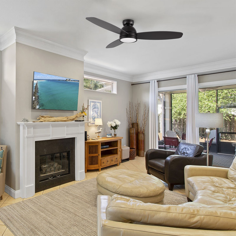 Smart DC Motor Ceiling Fan with LED Light, Remote Control, Flush-Mount, Black, 52"