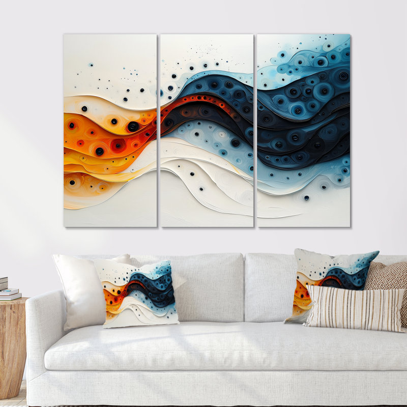 «Orange Spiral», Encre rythmique, rivière I - Abstrait spirales murales - 3 pièces, Toile tendue, H 28 po x l 36 po