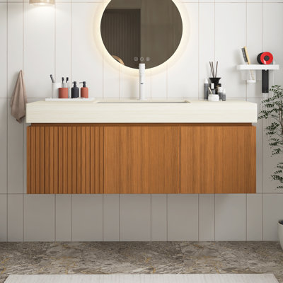 Meuble-lavabo de salle de bain avec lavabo, armoire de rangement murale en contreplaqué avec tiroir et 2 portes, comptoir à motif de travertin avec lavabo Roma