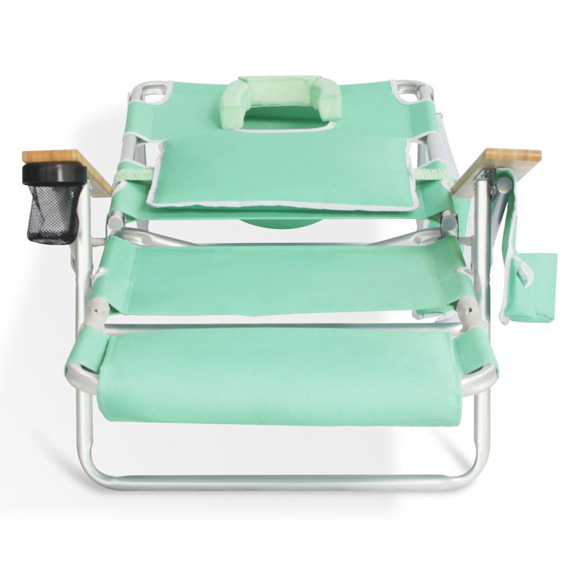 Teal Aluminum and Wood Adjustable Beach Lounger with Arms