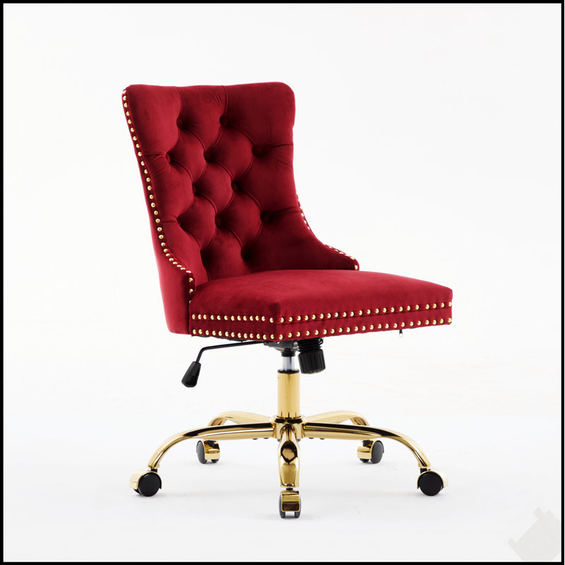 Chaise de bureau moderne rembourrée et capitonnée en velours avec base en métal doré, chaise de bureau pivotante réglable