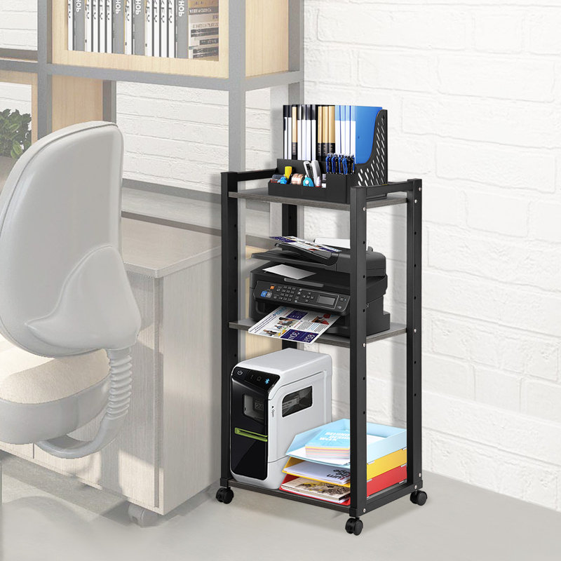 Black 3-Tier Rolling Printer Stand with Adjustable Storage Shelves