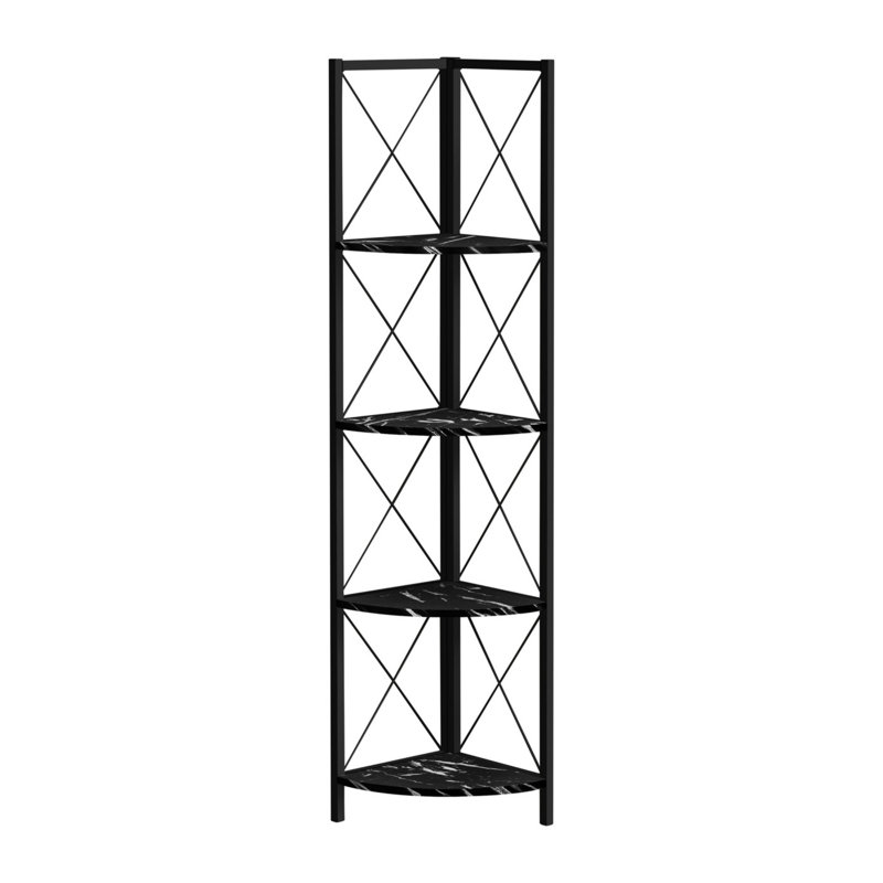 Bookshelf, Bookcase, Etagere, Corner, 4 Tier, 60"H, Office, Bedroom, Laminate, Metal, Contemporary, Modern, Black Marble