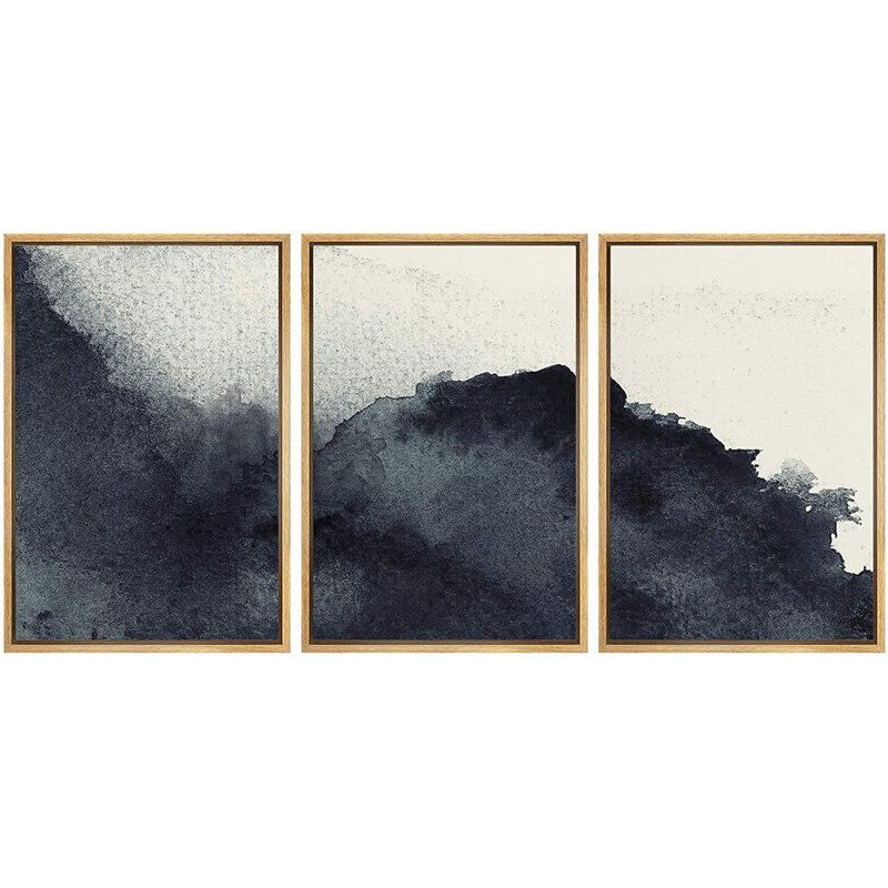 Triptych Faded Gradient Zen Ink Dots Abstract Framed Canvas Art 3 Pieces Painting Print Wall Decor, Natural Framed