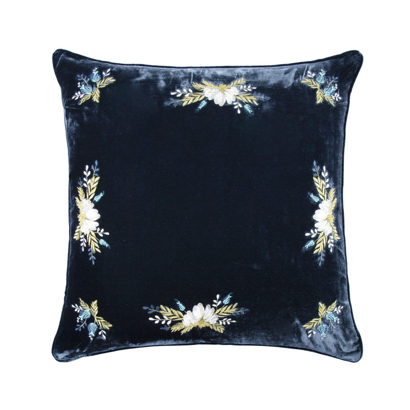 Coussin décoratif en soie synthétique Stella, Bleu minuit floral, Carrée