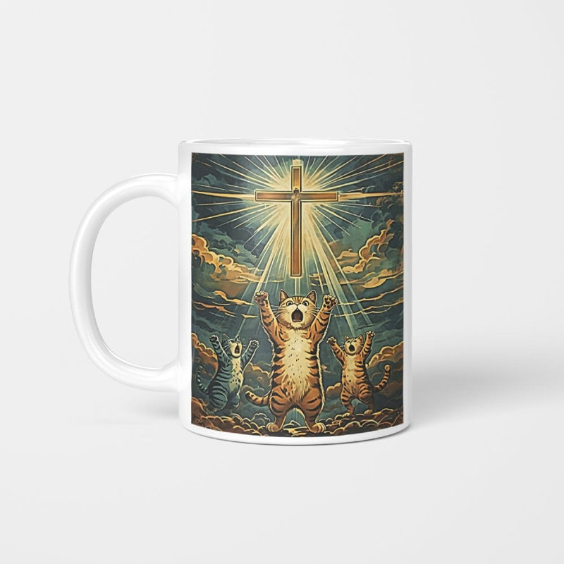 Tasse amusante de chat qui prie Jésus