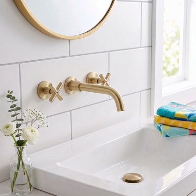 Modern Wall Mounted 2-handle Bathroom Sink Faucet in Brushed Gold, Solid Brass With Drain Assembly