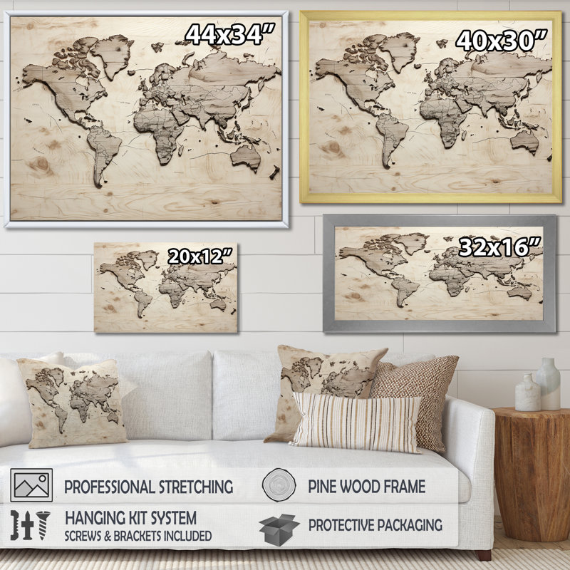 Carte du monde rustique sur toile, Cadre doré simple, H 30 po x l 40 po x P 1,5 po