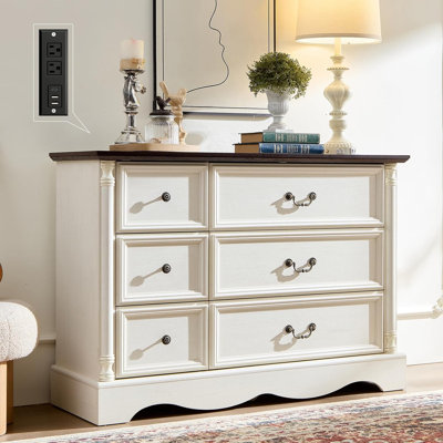 47"W Farmhouse 6 Wide Drawer Dresser, Bedroom Chest of Drawers With Anti-Tip Design