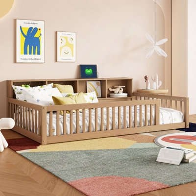 Lit, lit à plancher en bois avec armoires de rangement et ports USB
