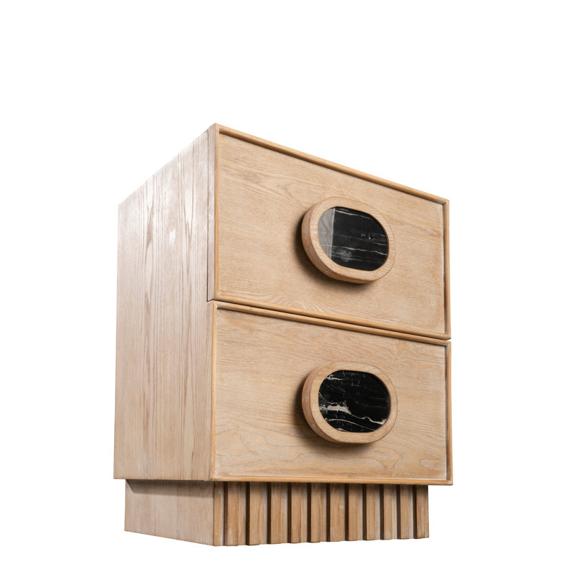 Lulu Light Oak 2-Drawer Nightstand with Black Faux Marble Handles – Fluted Base Modern Accent Table