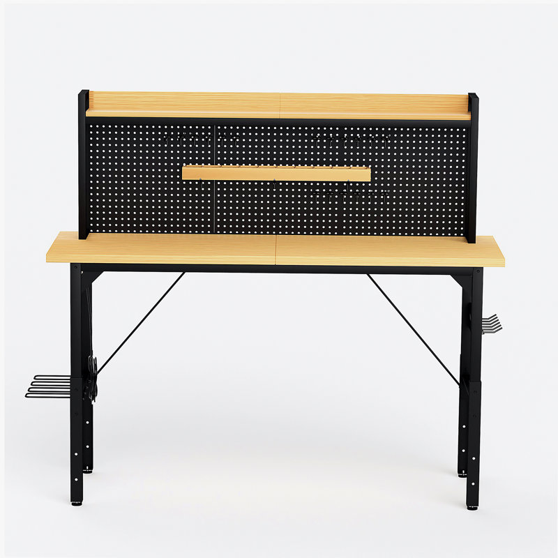 Établi réglable 71 po avec panneau perforé, établi en bois robuste avec roulettes, capacité de charge de 1 600 lb, établi roulant avec prise CA / USB, crochets, tablette, pour garage, atelier, bureau, maison.