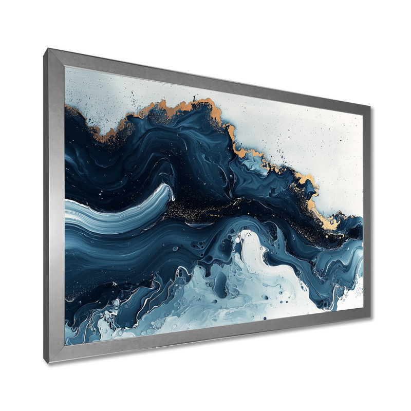 Art sur toile à l'encre liquide dorée et bleue céleste IV, Argent argent, H 34 po x l 44 po, Picture Framed