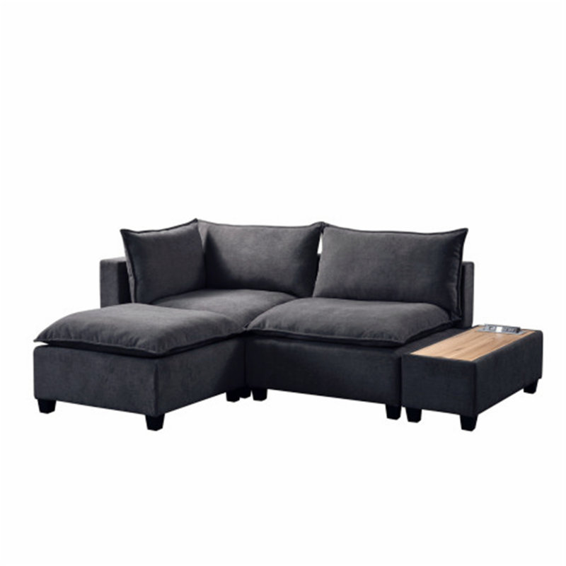 Latitude Run® Dark Grey Fabric Sectional Loveseat Ottoman with USB Storage Console Table, Dark Grey Chenille
